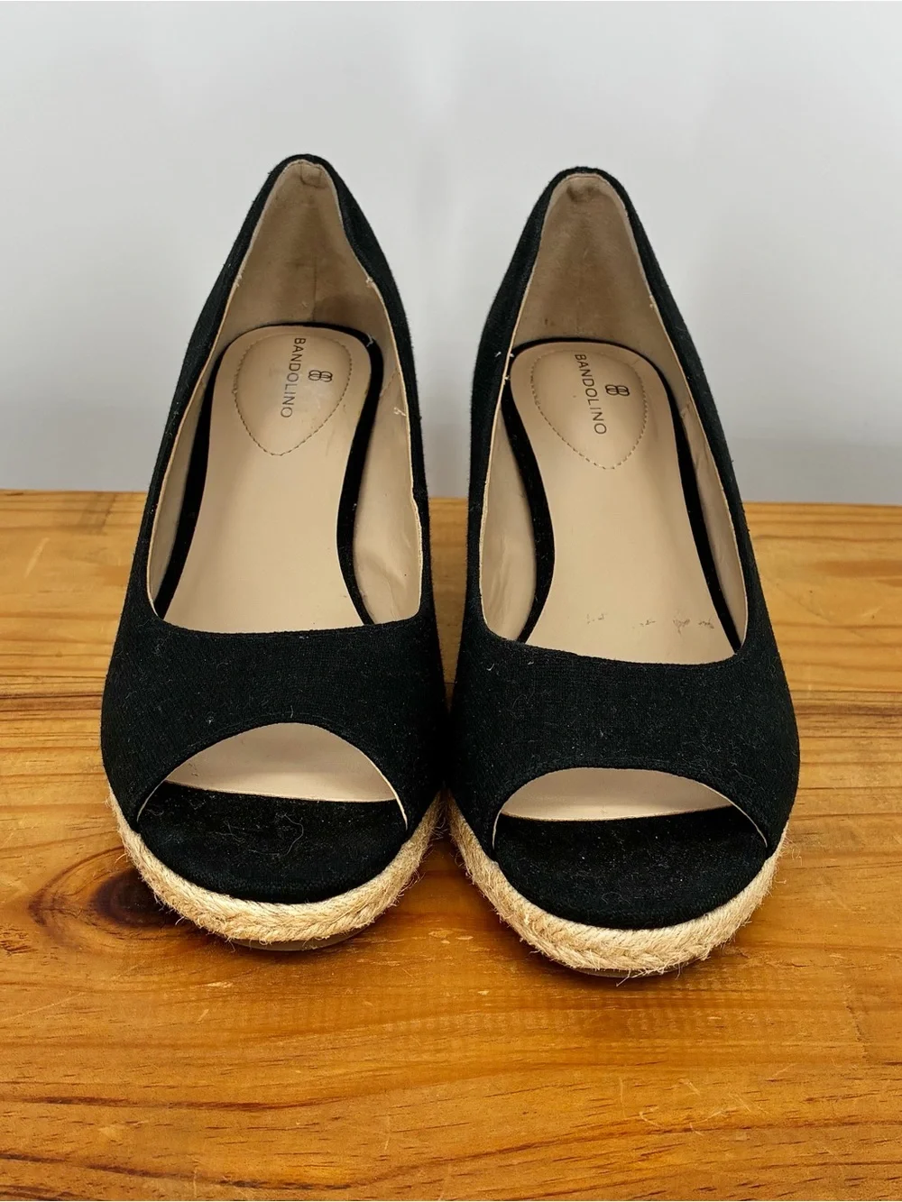 Bandolino Black Canvas Peep Toe Espadrille Wedges Size 7